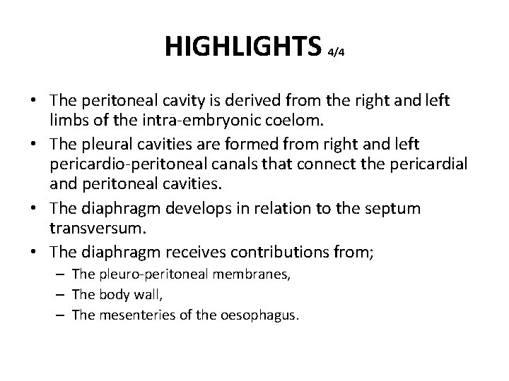 HIGHLIGHTS 4/4 • The peritoneal cavity is derived from the right and left limbs