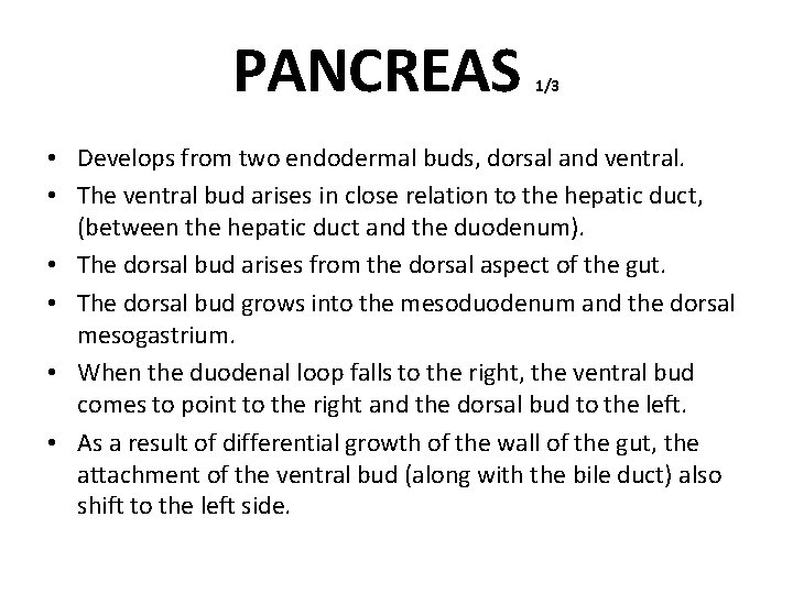 PANCREAS 1/3 • Develops from two endodermal buds, dorsal and ventral. • The ventral
