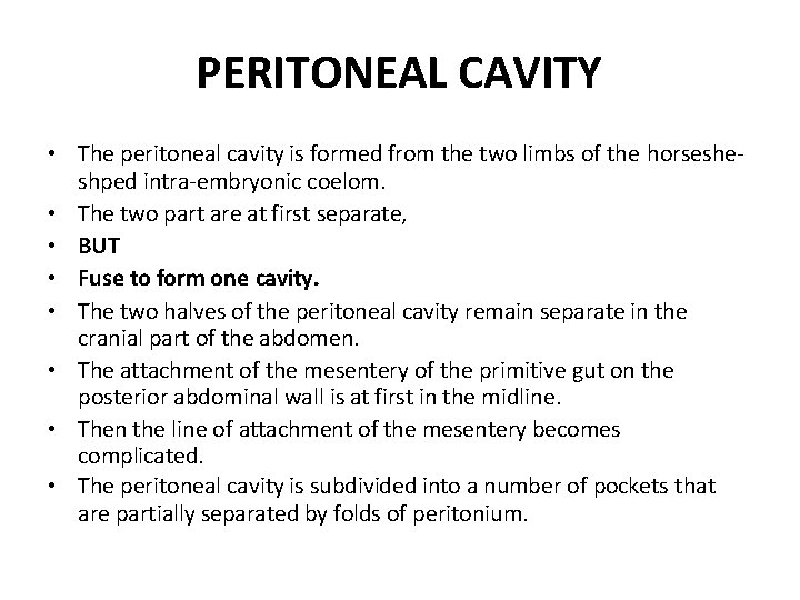 PERITONEAL CAVITY • The peritoneal cavity is formed from the two limbs of the