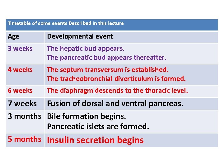 Timetable of some events Described in this lecture Age Developmental event 3 weeks The