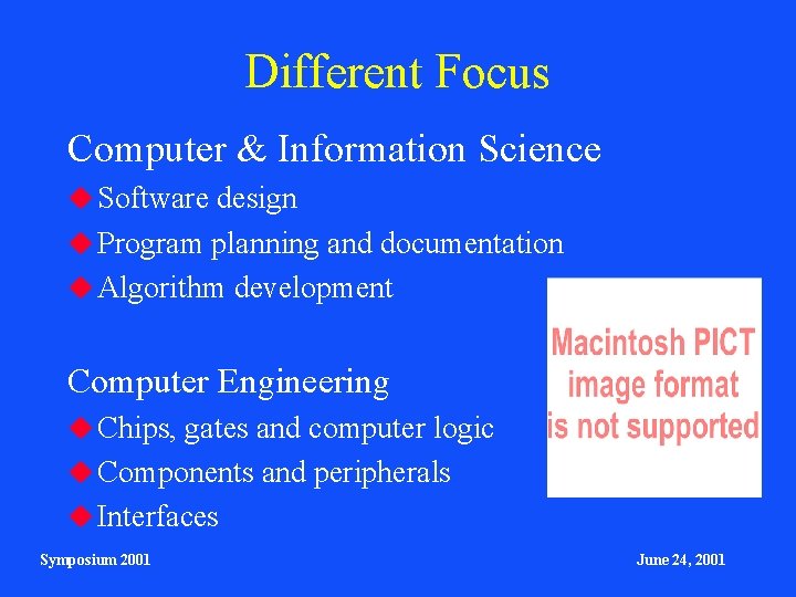 Different Focus Computer & Information Science Software design Program planning and documentation Algorithm development