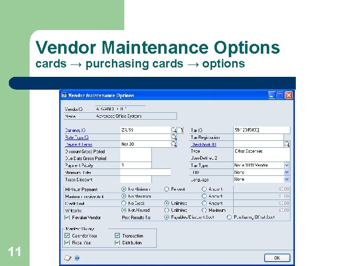 Vendor Maintenance Options cards → purchasing cards → options 11 