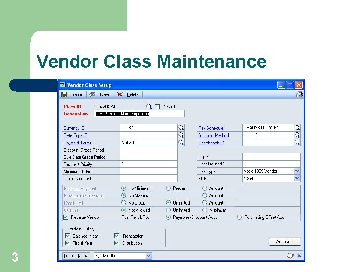 Vendor Class Maintenance 3 