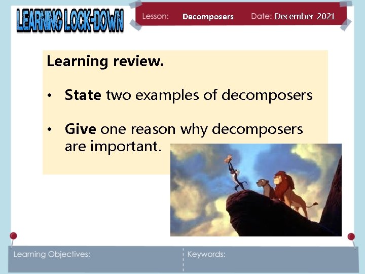 Decomposers December 2021 Learning review. • State two examples of decomposers • Give one
