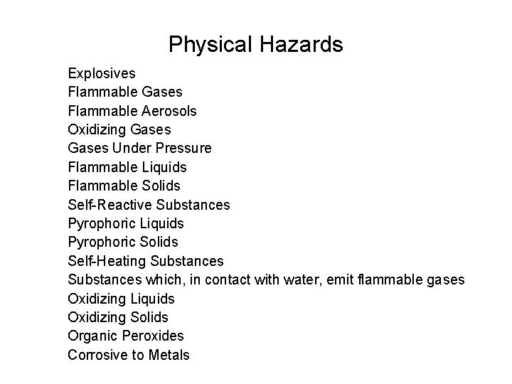 Physical Hazards Explosives Flammable Gases Flammable Aerosols Oxidizing Gases Under Pressure Flammable Liquids Flammable