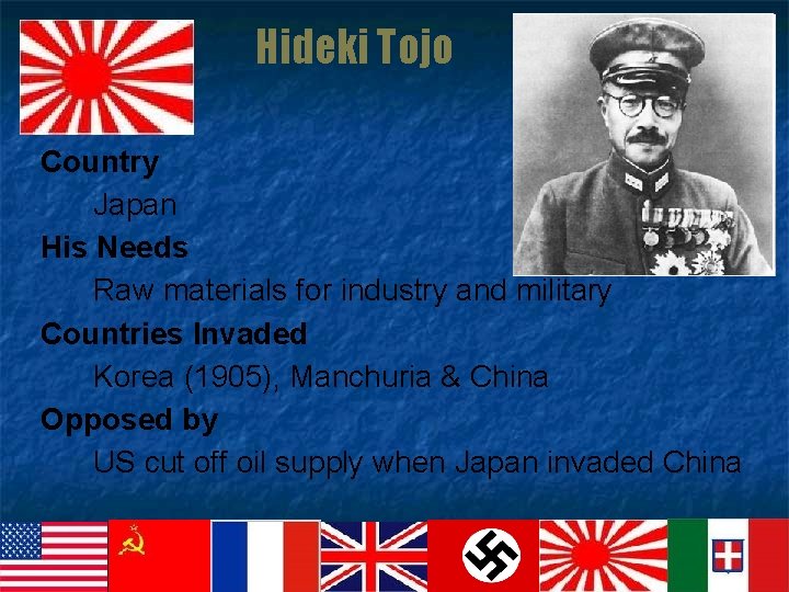 Hideki Tojo Country Japan His Needs Raw materials for industry and military Countries Invaded