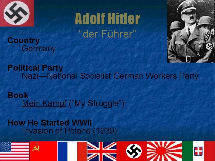 Adolf Hitler Country Germany “der Führer” Political Party Nazi—National Socialist German Workers Party Book