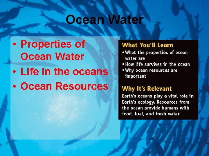 Ocean Water • Properties of Ocean Water • Life in the oceans • Ocean