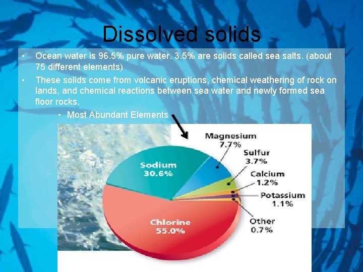 Dissolved solids • • Ocean water is 96. 5% pure water. 3. 5% are