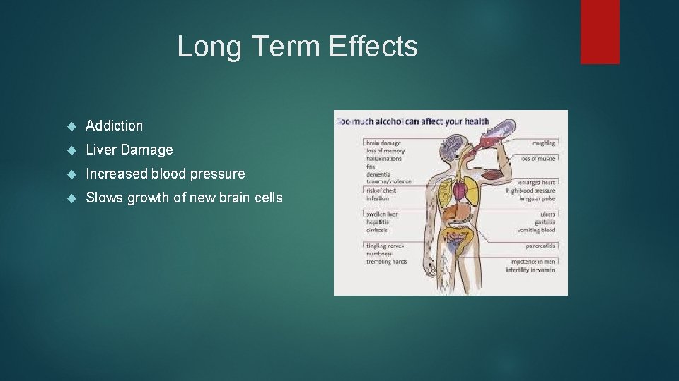 Long Term Effects Addiction Liver Damage Increased blood pressure Slows growth of new brain