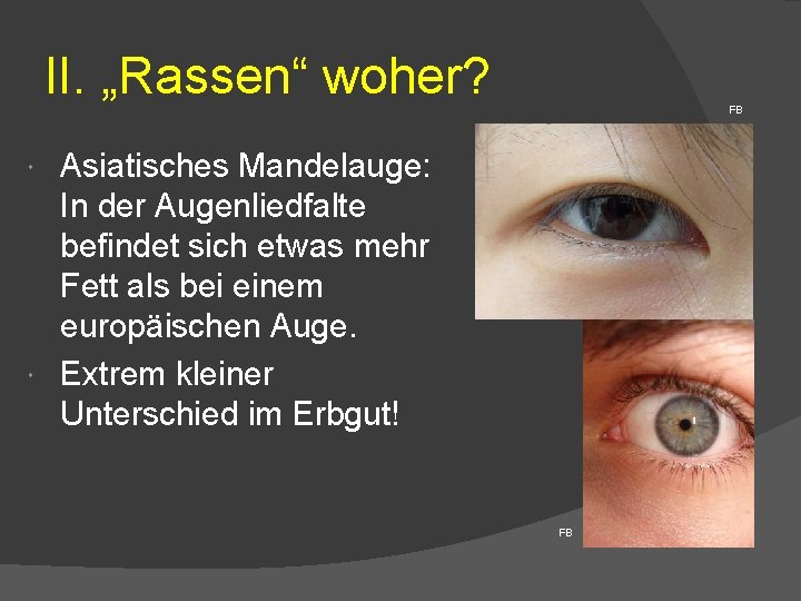 II. „Rassen“ woher? FB Asiatisches Mandelauge: In der Augenliedfalte befindet sich etwas mehr Fett