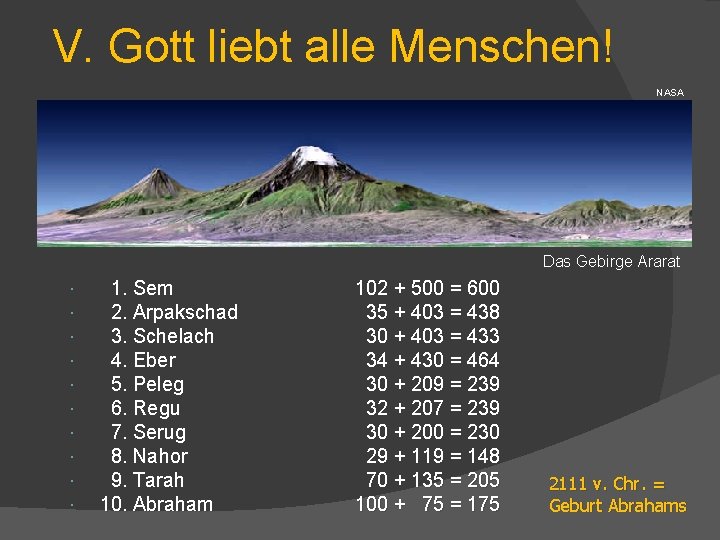 V. Gott liebt alle Menschen! NASA Das Gebirge Ararat 1. Sem 2. Arpakschad 3.