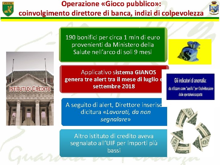 Operazione «Gioco pubblico» : coinvolgimento direttore di banca, indizi di colpevolezza 190 bonifici per