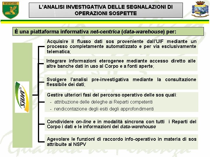 L’ANALISI INVESTIGATIVA DELLE SEGNALAZIONI DI OPERAZIONI SOSPETTE È una piattaforma informativa net-centrica (data-warehouse) per: