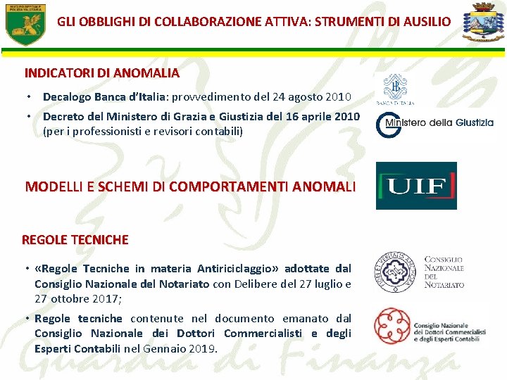 GLI OBBLIGHI DI COLLABORAZIONE ATTIVA: STRUMENTI DI AUSILIO INDICATORI DI ANOMALIA • Decalogo Banca