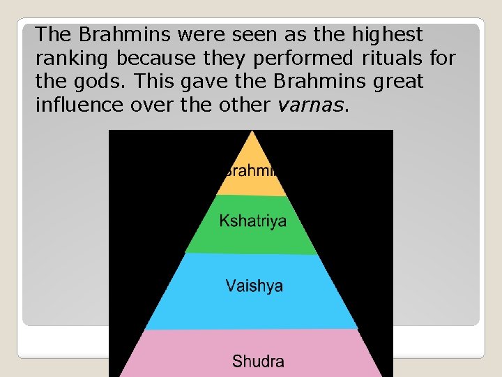 The Brahmins were seen as the highest ranking because they performed rituals for the