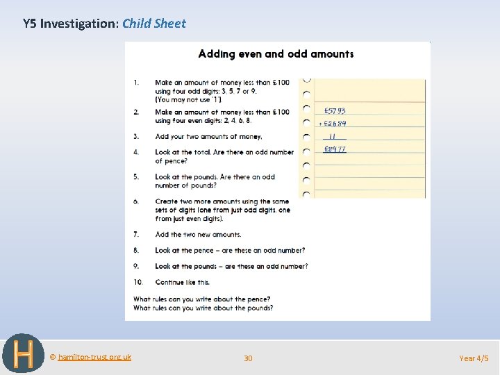 Y 5 Investigation: Child Sheet © hamilton-trust. org. uk 30 Year 4/5 