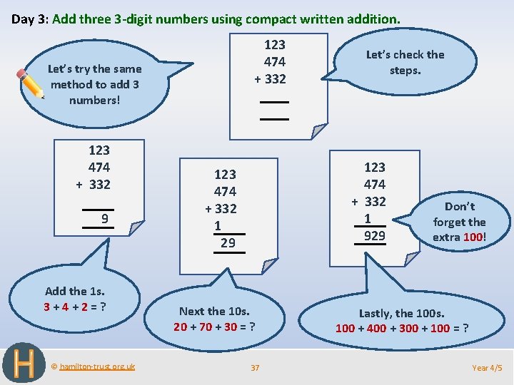 Day 3: Add three 3 -digit numbers using compact written addition. 123 474 +