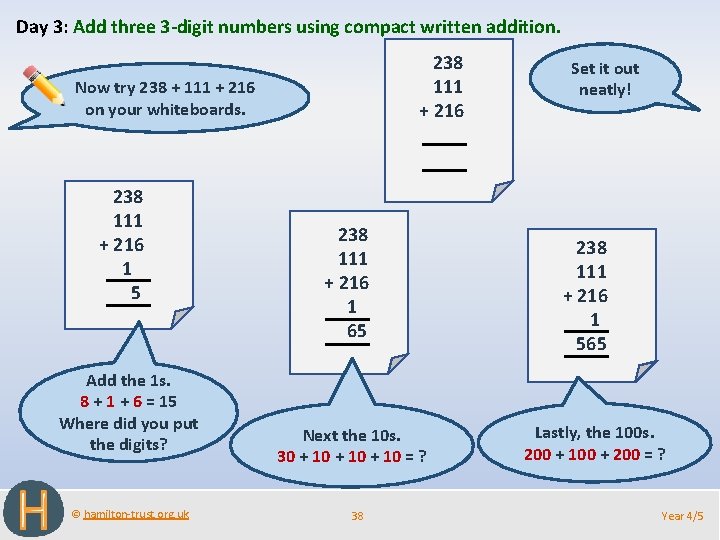 Day 3: Add three 3 -digit numbers using compact written addition. 238 111 +