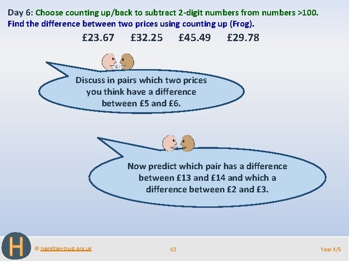 Day 6: Choose counting up/back to subtract 2 -digit numbers from numbers >100. Find