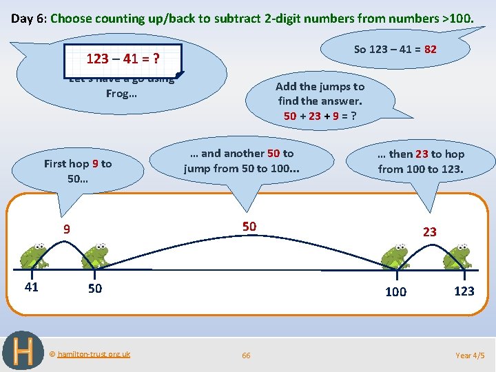Day 6: Choose counting up/back to subtract 2 -digit numbers from numbers >100. So
