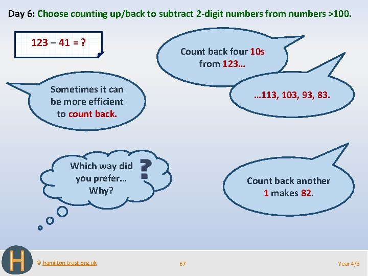 Day 6: Choose counting up/back to subtract 2 -digit numbers from numbers >100. 123
