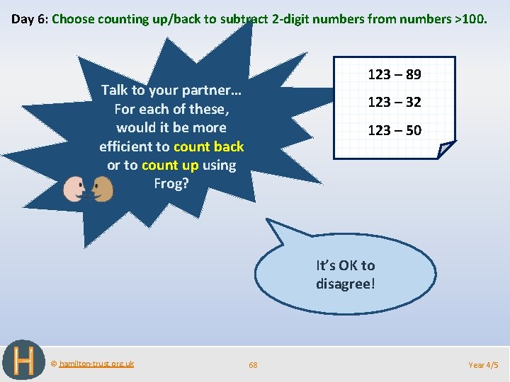 Day 6: Choose counting up/back to subtract 2 -digit numbers from numbers >100. 123