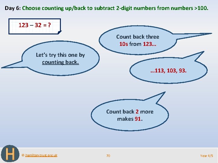 Day 6: Choose counting up/back to subtract 2 -digit numbers from numbers >100. 123