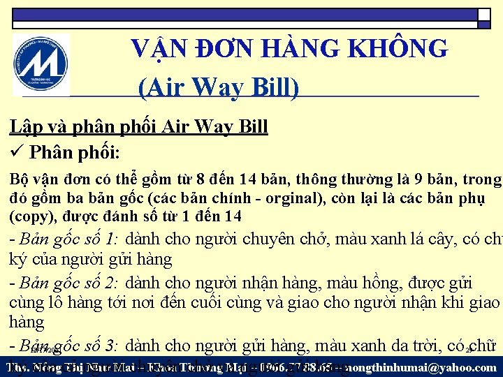 VẬN ĐƠN HÀNG KHÔNG (Air Way Bill) Lập và phân phối Air Way Bill