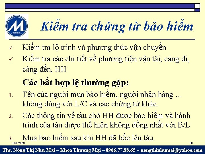 Kiểm tra chứng từ bảo hiểm Kiểm tra lộ trình và phương thức vận