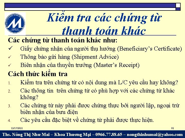 Kiểm tra các chứng từ thanh toán khác Các chứng từ thanh toán khác