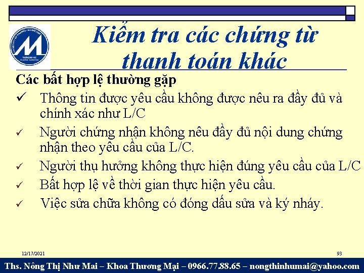 Kiểm tra các chứng từ thanh toán khác Các bất hợp lệ thường gặp