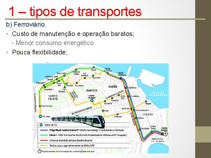 1 – tipos de transportes b) Ferroviário • Custo de manutenção e operação baratos;