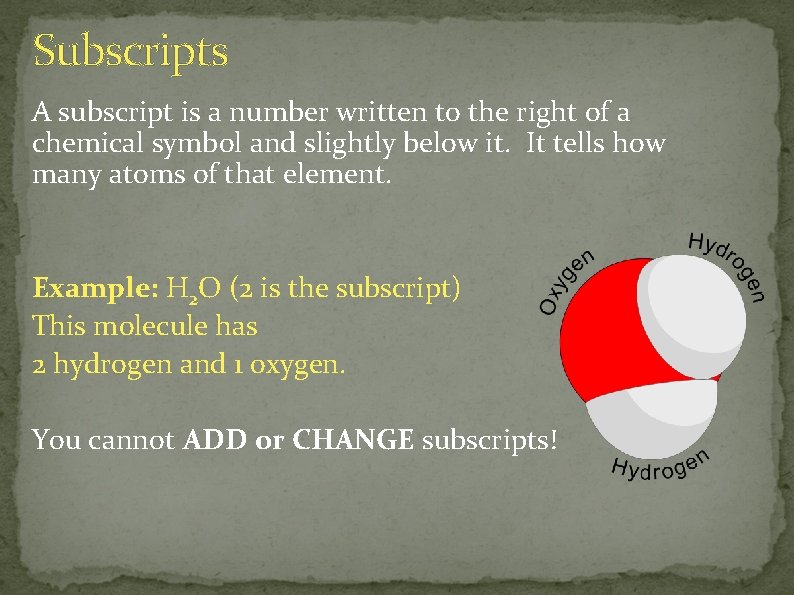 Subscripts A subscript is a number written to the right of a chemical symbol
