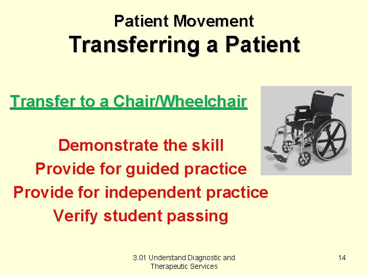 Patient Movement Transferring a Patient Transfer to a Chair/Wheelchair Demonstrate the skill Provide for