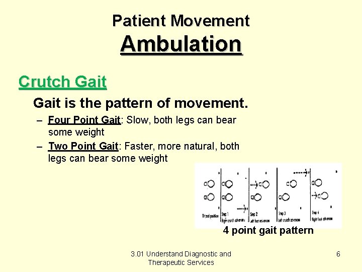 Patient Movement Ambulation Crutch Gait is the pattern of movement. – Four Point Gait: