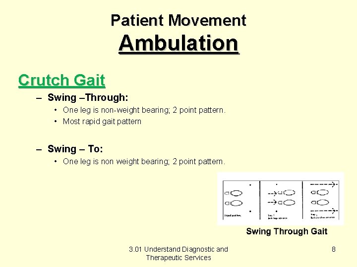 Patient Movement Ambulation Crutch Gait – Swing –Through: • One leg is non-weight bearing;