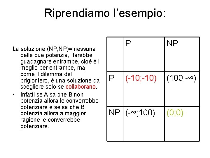 Riprendiamo l’esempio: La soluzione (NP; NP)= nessuna delle due potenzia, farebbe guadagnare entrambe, cioè