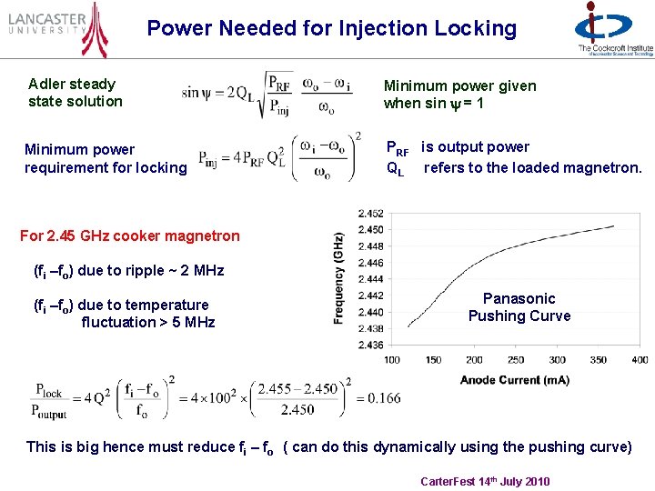 Power Needed for Injection Locking Adler steady state solution Minimum power given when sin