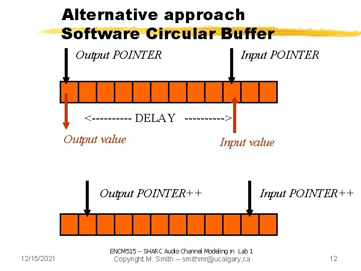 Alternative approach Software Circular Buffer Output POINTER Input POINTER <----- DELAY -----> Output value