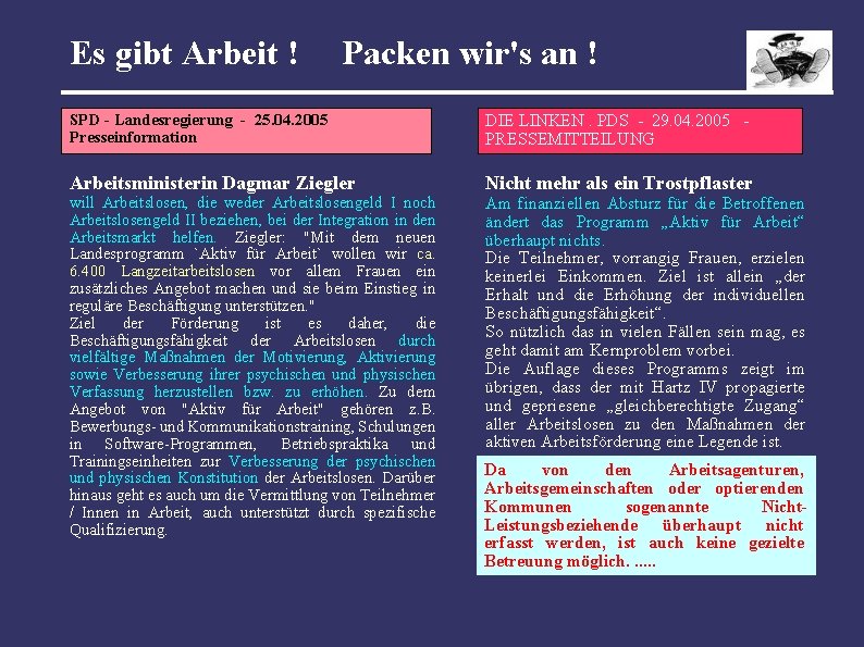 Es gibt Arbeit ! Packen wir's an ! SPD - Landesregierung - 25. 04.