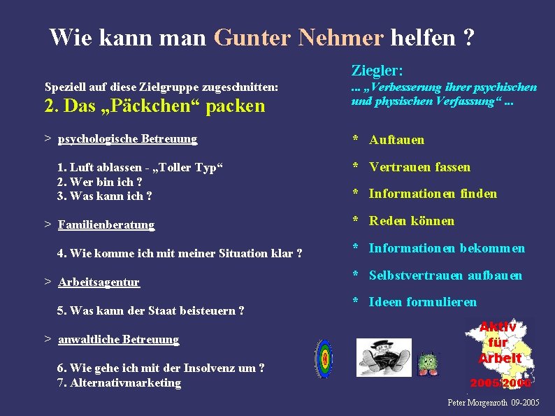 Wie kann man Gunter Nehmer helfen ? Ziegler: Speziell auf diese Zielgruppe zugeschnitten: 2.