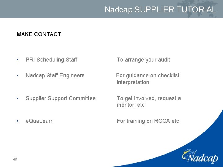 Nadcap SUPPLIER TUTORIAL MAKE CONTACT • PRI Scheduling Staff To arrange your audit •