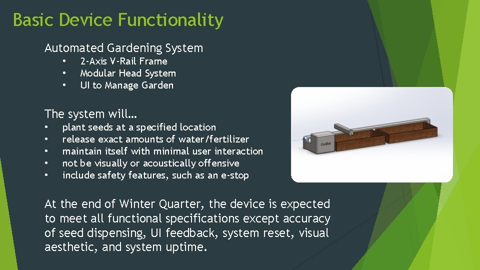 Basic Device Functionality Automated Gardening System • • • 2 -Axis V-Rail Frame Modular