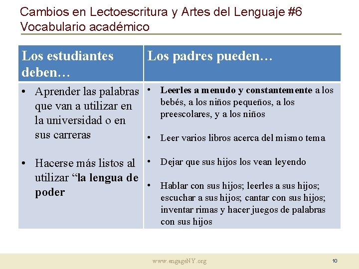 Cambios en Lectoescritura y Artes del Lenguaje #6 Vocabulario académico Los estudiantes deben… Los