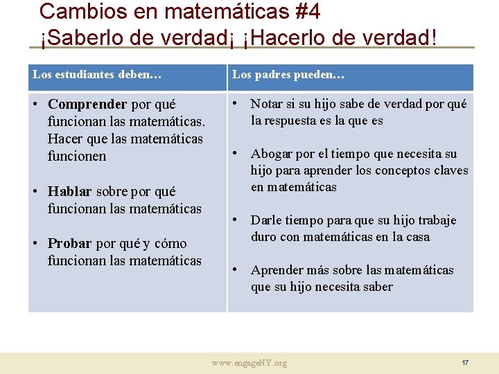 Cambios en matemáticas #4 ¡Saberlo de verdad¡ ¡Hacerlo de verdad! Los estudiantes deben… Los