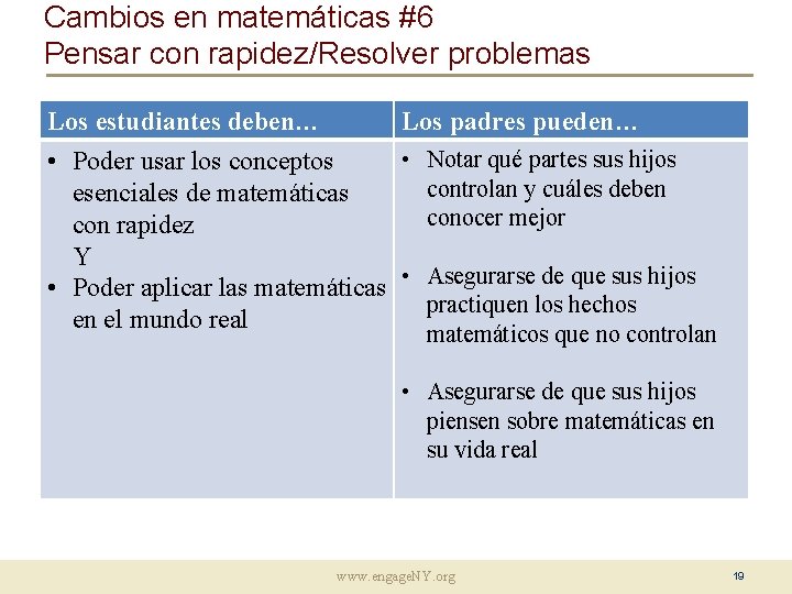 Cambios en matemáticas #6 Pensar con rapidez/Resolver problemas Los estudiantes deben… Los padres pueden…
