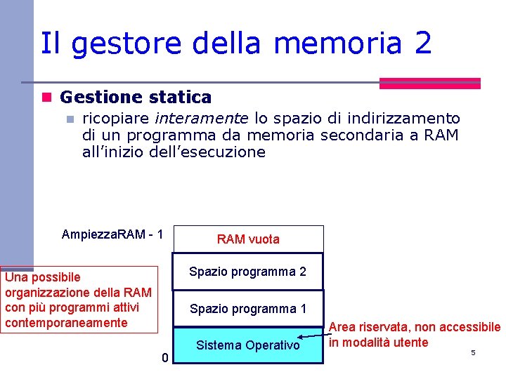 Il gestore della memoria 2 n Gestione statica n ricopiare interamente lo spazio di