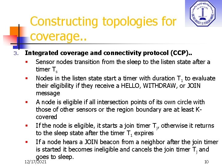 Constructing topologies for coverage. . 3. Integrated coverage and connectivity protocol (CCP). . §