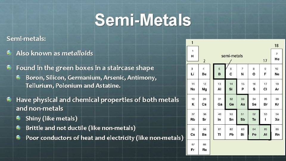 Semi-Metals Semi-metals: Also known as metalloids Found in the green boxes in a staircase